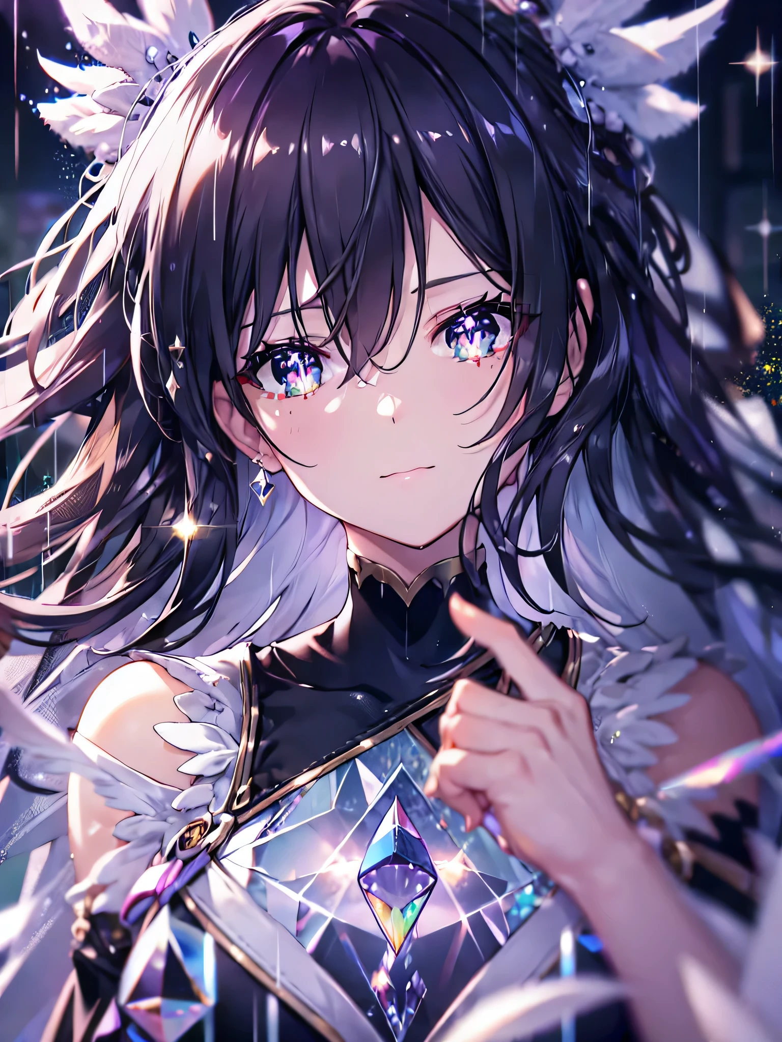 ((ultra detailed, exquisite quality, absolutely resolution)), (anime moe art style:1.3), (((solo girl))), (((black Diamond dress))), (((dress at brilliancious, glare, glitter, reflections, prisms, transparency:2)), (huge breasts:1.5), (hair, ponytail, fluffy long Expressive), head tilt, happy smile, looking at viewer, (finger to mouth), (((face close-up, face focus, eyes focus, blurry background, depth of field:2))), (isometric 3D, octane render, ray tracing:1.5), cinematic shadows, backlighting, (particle effect, caustics:1.5), ((super detailed skin)), (hyper detail delicate eyes, hyper beautiful eyes), (bright pupils),  ((pupils)),  lip focus, light lips, (feathers:1.3) , (rainy landscape:1.5)