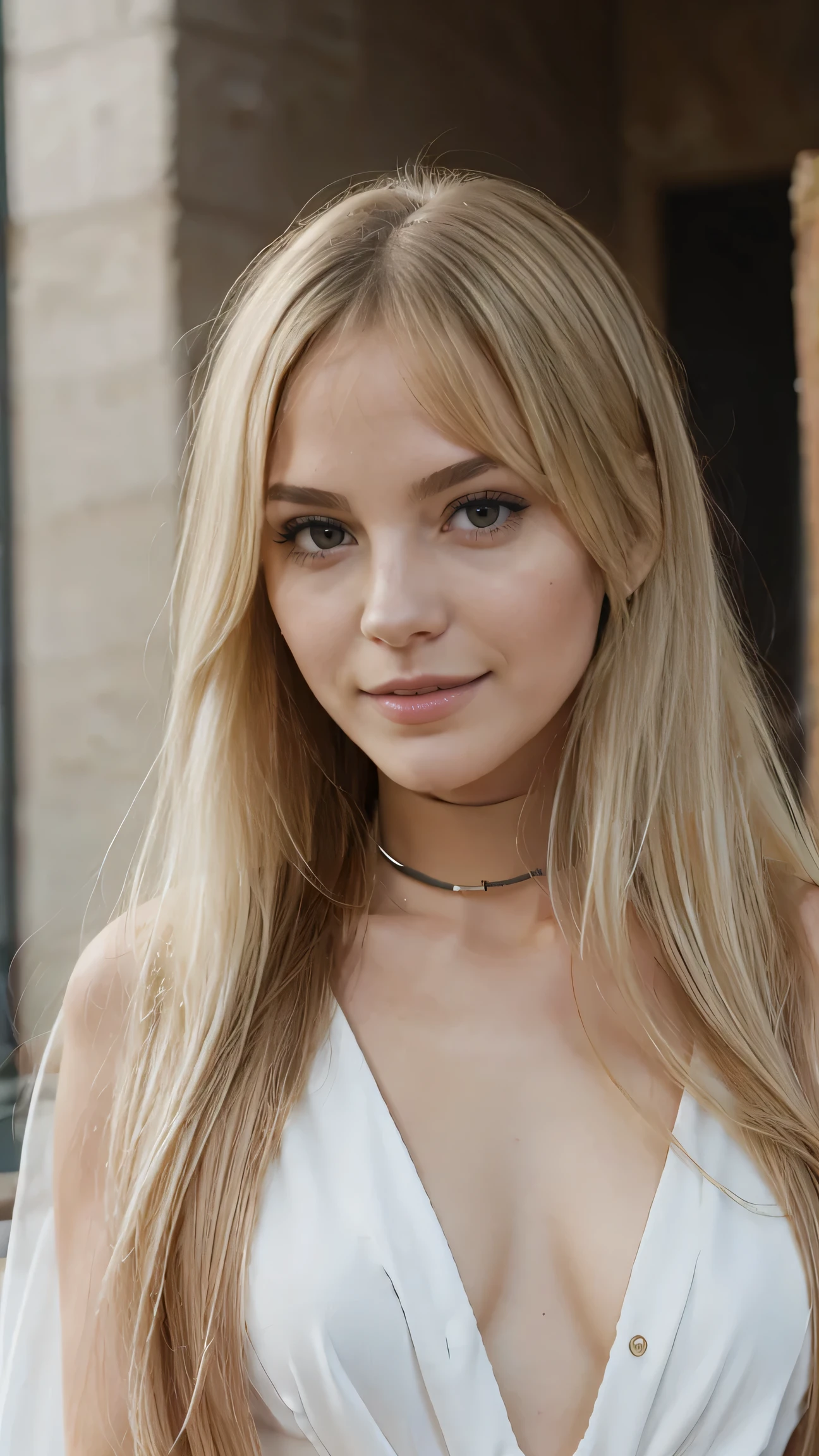 22 year old white female、hair color is blonde、blue eyes、long hair、straight hair、accessories on wrist、I'm wearing a choker、skin is smooth、a smile、Slender but muscular body、My heart is pounding、a smile、wearing a skater dress、wearing red high heels、I'm sitting on a stone staircase in the city, resting my chin on my chin.