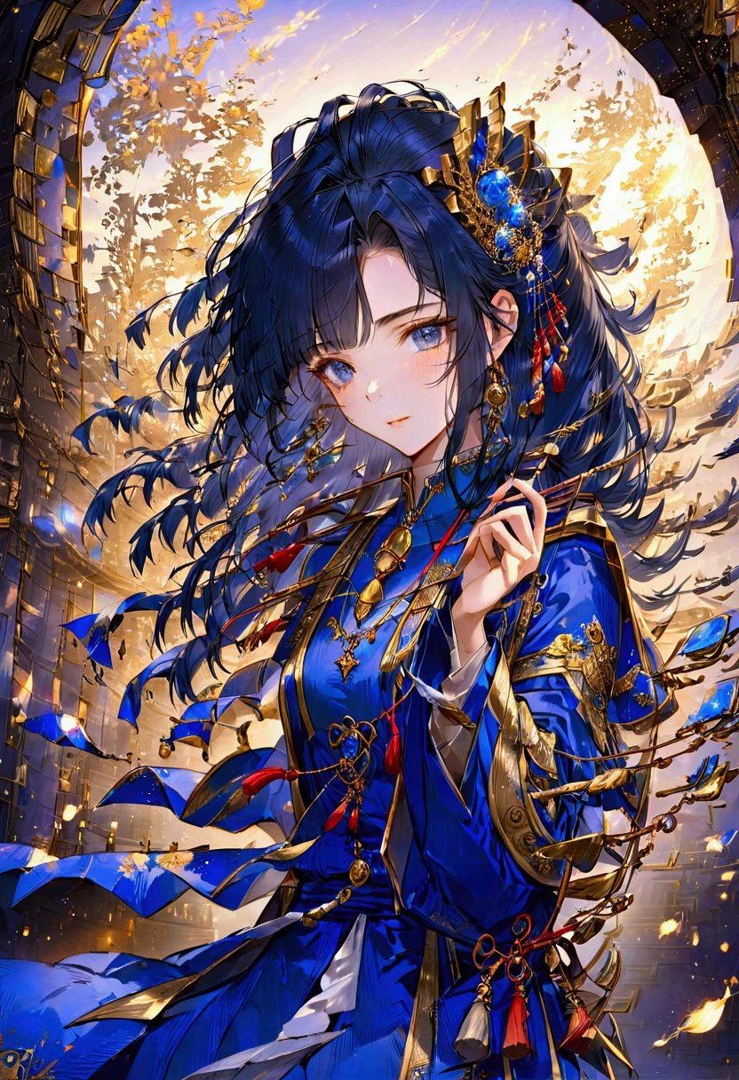 Draw an antique beauty，Blue clothes, long black hair, and a tassel hairpin on her head