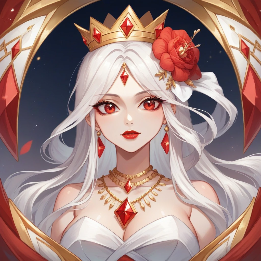 majapahit princess, with red hair, red eyes, wearing golden crown with red diamond and jasmine flower, wearing gold necklace with red diamond and flower, wearing pinkish purple kebaya with flower motive and gold, wearing white selendang, wearing brown batik dress with gold, super pretty face, red lips, beautiful eyes, hd, 4k