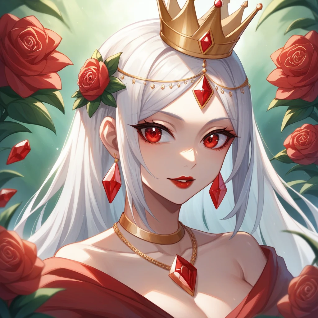 majapahit princess, with red hair, red eyes, wearing golden crown with red diamond and jasmine flower, wearing gold necklace with red diamond and flower, wearing pinkish purple kebaya with flower motive and gold, wearing white selendang, wearing brown batik dress with gold, super pretty face, red lips, beautiful eyes, hd, 4k
