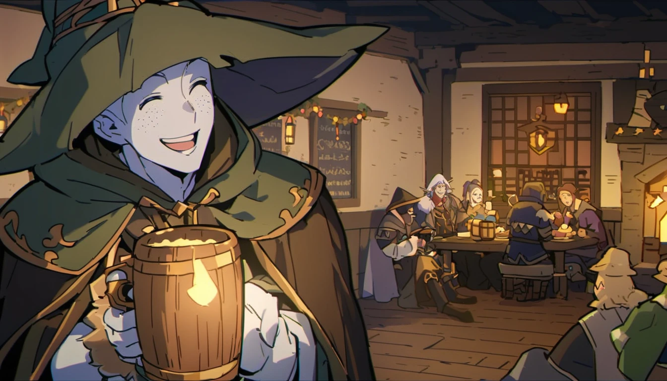 8k, high quality, The theme is medieval RPG. 設定は古い木造で中世のタベナをイメージしたMagical RPGで、Very detailed, The furniture is antique, The walls are made of wood、There are candles to light up the view、There are also some windows, The floor is wooden., there are maley people (maleと女, wearing Wizard clothes thieves magic bards dancers pirates monks, Magical RPG) drinking beer and laughing and partying together with a male (Scene highlights, male, Wizard, 31 years old, Muscular, no hair, long, pointed Wizard's hat , wearing magical role-playing Wizard clothes, long黒ひげ, Freckled white skin, Handsome smiling face, In his left hand he holds a 3 liter beer mug). The atmosphere is festive, fun and magical.