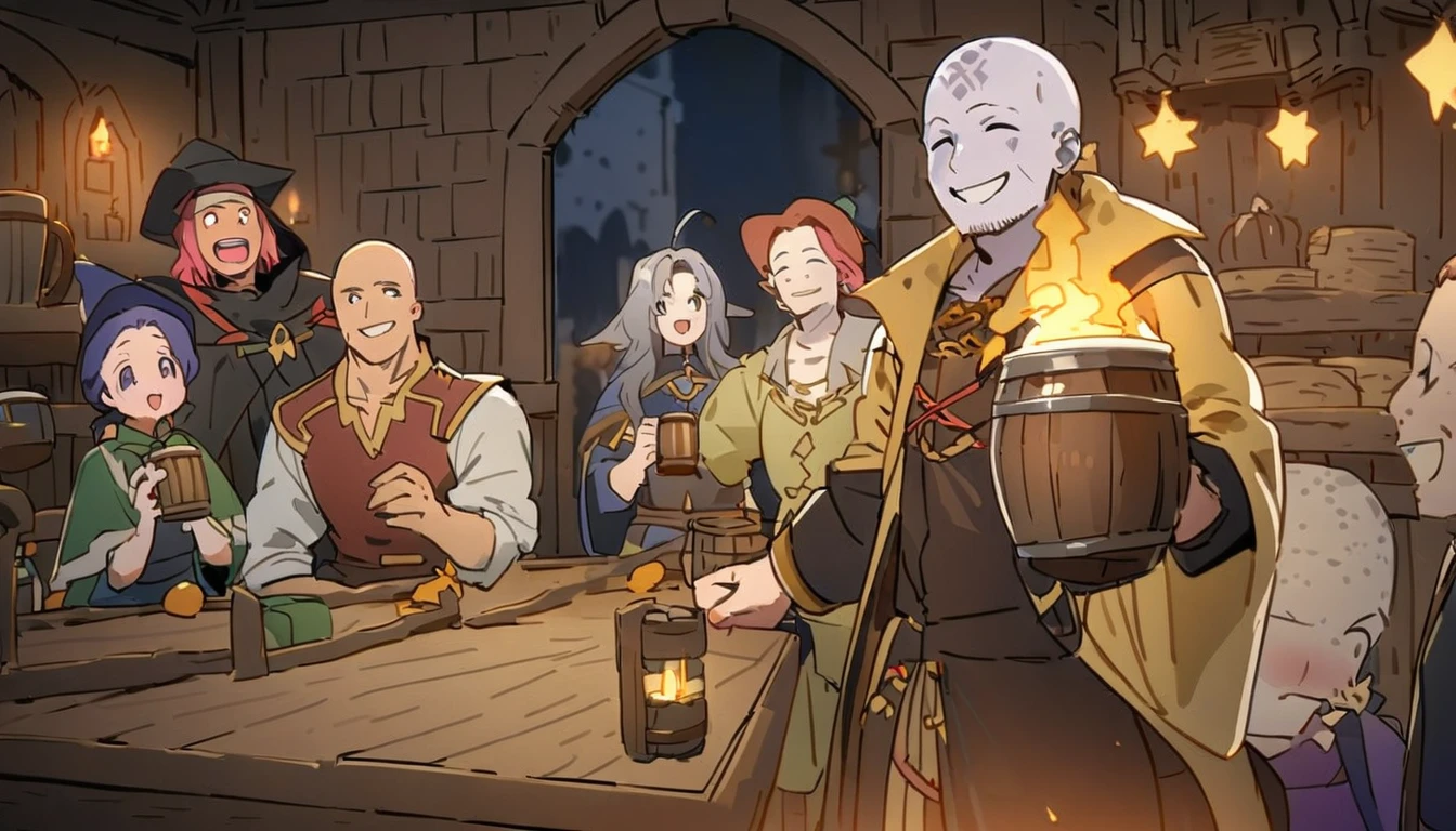 8k, high quality, The theme is medieval RPG. 設定は古い木造で中世のタベナをイメージしたMagical RPGで、Very detailed, The furniture is antique, The walls are made of wood、There are candles to light up the view、There are also some windows, The floor is wooden., there are maley people (maleと女, wearing Wizard clothes thieves magic bards dancers pirates monks, Magical RPG) drinking beer and laughing and partying together with a male (Scene highlights, male, Wizard, 31 years old, Muscular, no hair, long, pointed Wizard's hat , wearing magical role-playing Wizard clothes, long黒ひげ, Freckled white skin, Handsome smiling face, In his left hand he holds a 3 liter beer mug).  The atmosphere is festive, fun and magical.