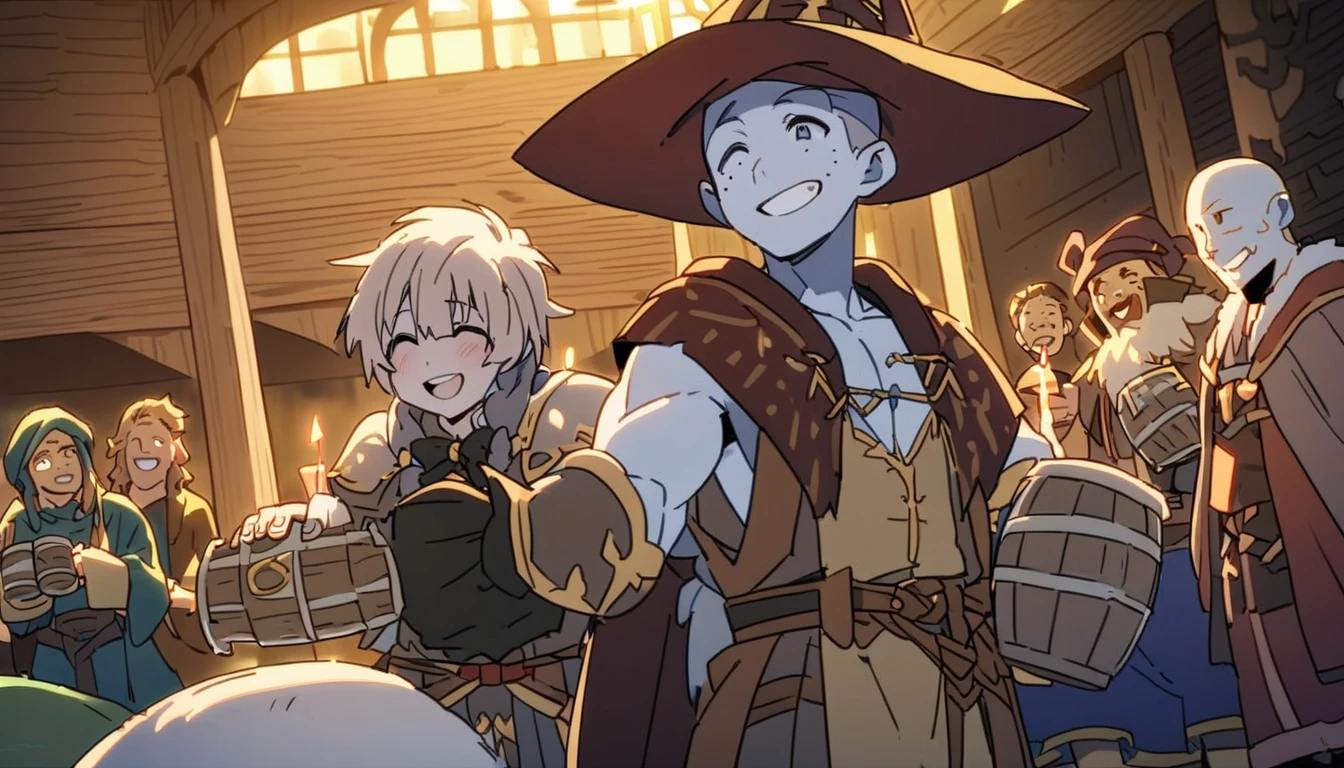 8k, high quality, The theme is medieval RPG. 設定は古い木造で中世のタベナをイメージしたMagical RPGで、Very detailed, The furniture is antique, The walls are made of wood、There are candles to light up the view、There are also some windows, The floor is wooden., there are maley people (maleと女, wearing Wizard clothes thieves magic bards dancers pirates monks, Magical RPG) drinking beer and laughing and partying together with a male (Scene highlights, male, Wizard, 31 years old, Muscular, no hair, long, pointed Wizard's hat , wearing magical role-playing Wizard clothes, long黒ひげ, Freckled white skin, Handsome smiling face, In his left hand he holds a 3 liter beer mug).  The atmosphere is festive, fun and magical.