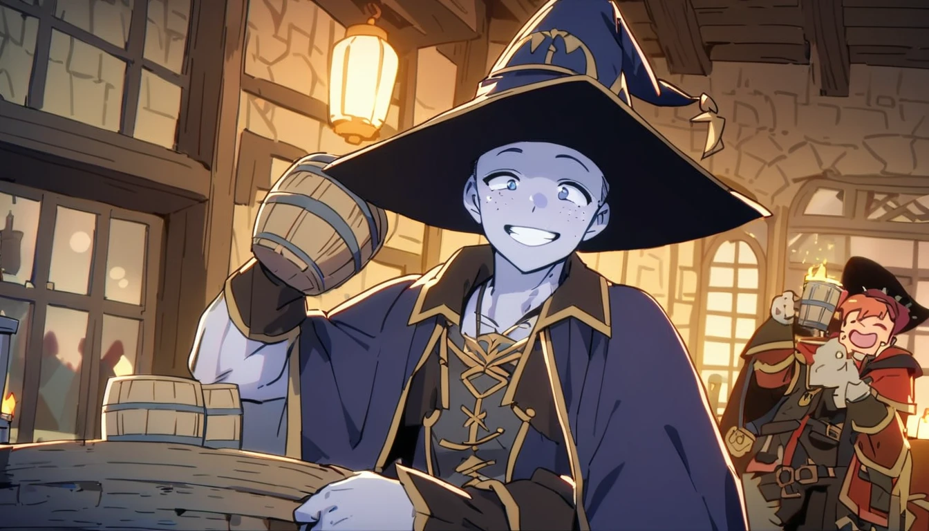8k, high quality, The theme is medieval RPG. 設定は古い木造で中世のタベナをイメージしたMagical RPGで、Very detailed, The furniture is antique, The walls are made of wood、There are candles to light up the view、There are also some windows, The floor is wooden., there are maley people (maleと女, wearing Wizard clothes thieves magic bards dancers pirates monks, Magical RPG) drinking beer and laughing and partying together with a male (Scene highlights, male, Wizard, 31 years old, Muscular, no hair, long, pointed Wizard's hat , wearing magical role-playing Wizard clothes, long黒ひげ, Freckled white skin, Handsome smiling face, In his left hand he holds a 3 liter beer mug). The atmosphere is festive, fun and magical.