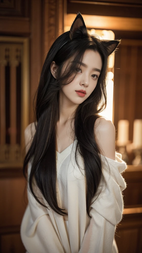 best quality, masterpiece, Ultra-high resolution, (Realistically:1.5), RAW photos, charming, In the dark night, Depth Shadows, Low pitch, Cold Light, Sexy look,Shoulder-length straight hair,Slim,Cat ears,