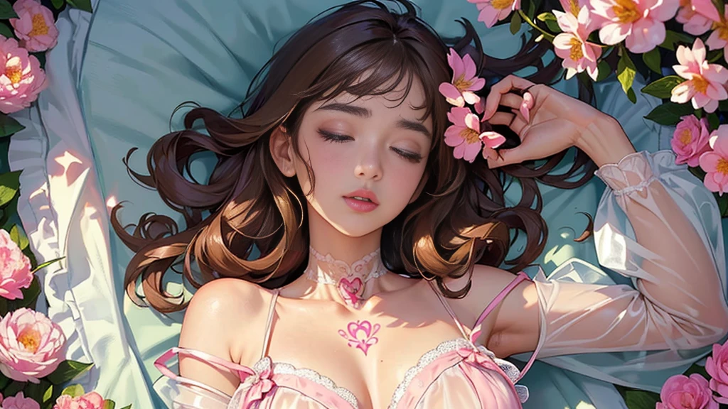(A glamorous atmosphere)、masterpiece、solo、Very detailed、Very detailed、Ultra-high resolution、Photorealistic、scattered flowers, ((Blouse made of transparent light fabric、胸が大きく開いた淡いpinkのシャツ,,、Tattoo from neck to shoulder Tattoo in the center of the chest Tattoo on both arms))、Upper body、Curly Hair、Hair length、Light brown hair、Exquisite face、The most beautiful woman、Refreshing look、Sexy look、pink、Sophistication、Impersonation face、((Real Art、淡いpinkと淡いオレンジの背景、Look straight ahead、Sleep on your back))