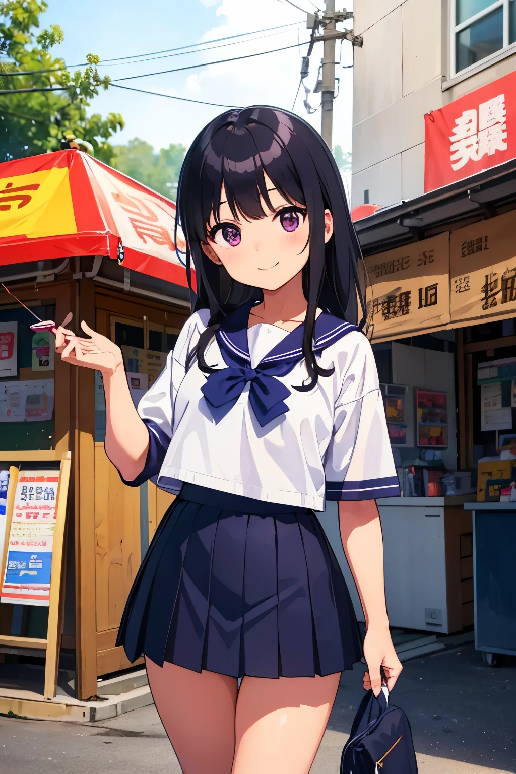 , 8 years old, toddler　Fblack hair, lr, purple eyes 　smile　People around　 White upper body, short-sleeved sailor uniform　Navy blue mini skirt　White panties　（（I can see her panties））　White socks　sneakers　Shrine festival　Lined with food stalls　Takoyaki food stall　Fried noodles stand　Are standing　 Dynamic Angle　Low - Angle