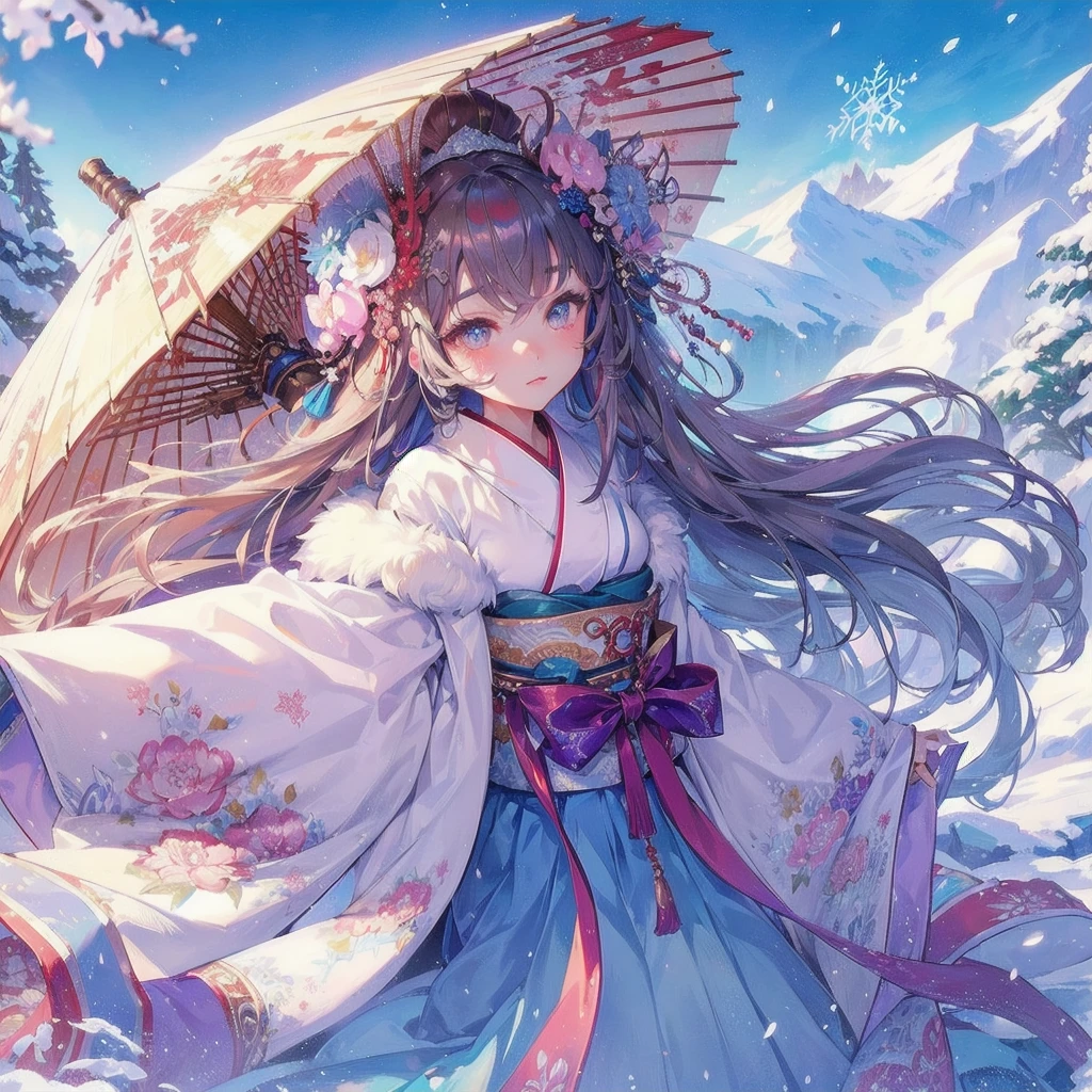  masterpiece, (textured skin), best quality, gorgeous beautiful, (a beautiful girl,yukionna,japanese snow fairy),detailed clothes,large breasts,narrow waist,, (beautiful face), cinematic lighting, (fantasy anime art ),