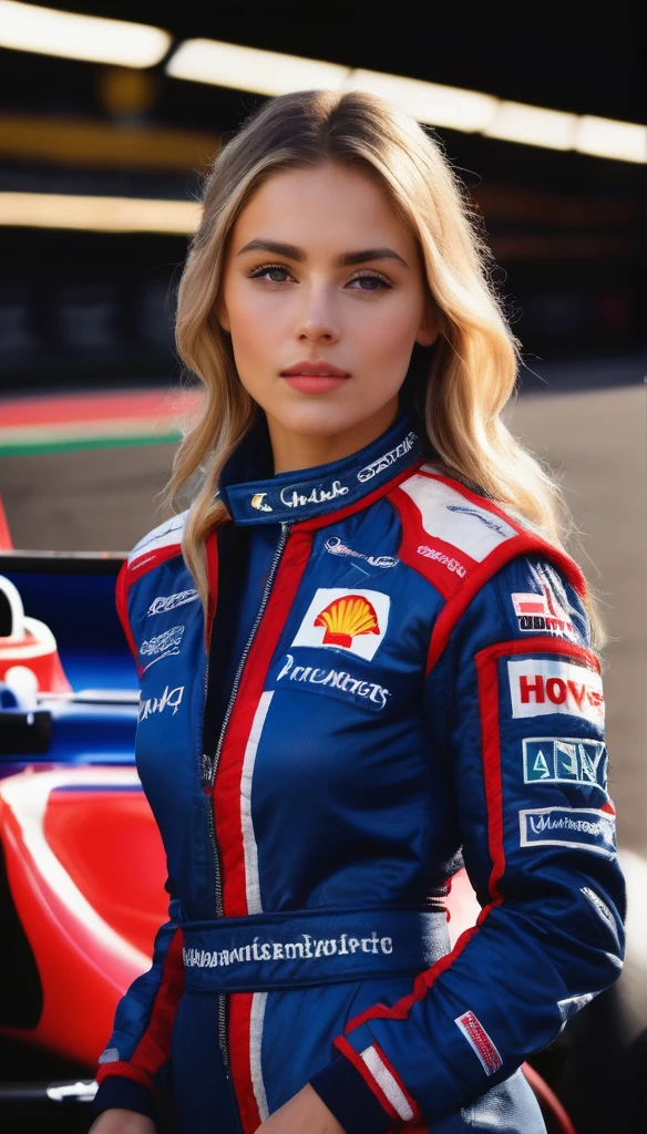 racer jumpsuit, ((blue shirt)), formula 1 pilot, (full body, ultra-detailed),standing next to a formula 1 racing car, in front of the camera, ((perfect eyes, detailed eyes,realistic eyes)), (masterpiece, best quality, ultra-detailed, best shadow), high contrast, (best illumination), ((cinematic light)), colorful, hyper detail, dramatic light, intricate details, (1 girl, solo) , ultra detailed artistic photography, dreamy, backlit, shadows, ultra high definition, 8k, ultra sharp focus, ultra high quality model, soft lighting, film photography, analogue photography, hyperrealism,, ((sharp face, detailed face, realistic face, naturtal skin, realistic skin, detailed skin, pores)), large breast, 25 years old very beautiful american girl, long straight blonde hair