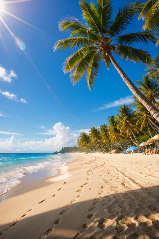 Beautiful vacation beach with yellow sand, What is blue?, Palm tree, RAW Photos, Full Sharp, (Magnificent wallpapers in Full HD) 8K Ultra HD, Digital SLR, Soft lighting, high quality, Film Grain, Fujifilm XT3