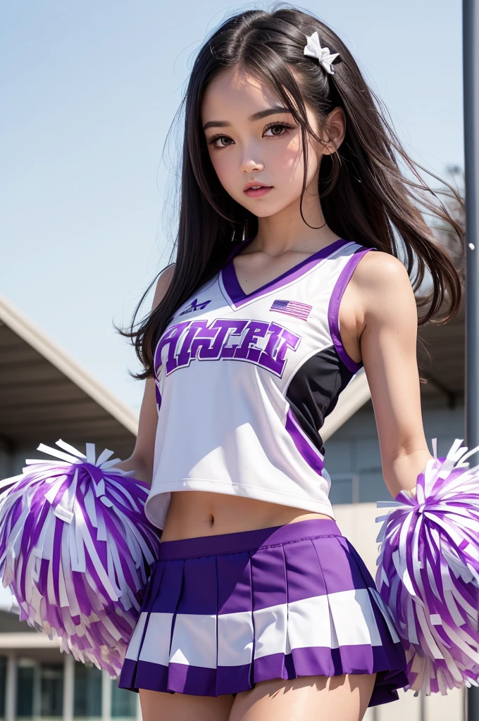 See-through cheer girl outfit、Transparent nipples、Sheer skirt、stage、Purple ponytail