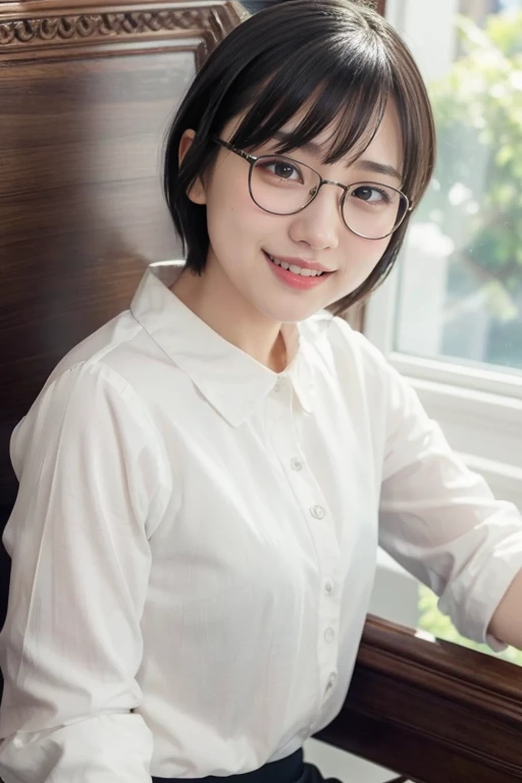 (natural lighting:1.3), alone, One girl, masterpiece, Highest quality, Very detailed, Cinema Lighting, Intricate details, High resolution, Official Art, Beautifully detailed face and eyes, High resolutionのイラスト, 8k, Dark intense shadows, Exposure, Single Blade, Glasses, Conceit, Sitting in a chair, Upper Body, small Breasts, White shirt, Book stack, library, ((vine)), Rose, Looking at the audience, (short cut hair, smile:1.2)