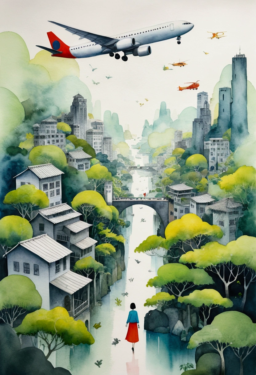 The harmonious survival of the jungle and the city, color block illustration, fashion watercolor, color particles, pencil painting, Liu Ye, Chen Jialing, artistic conception ink painting, Lin Fengmian, plane composition, abstract geometry, Monterey'an