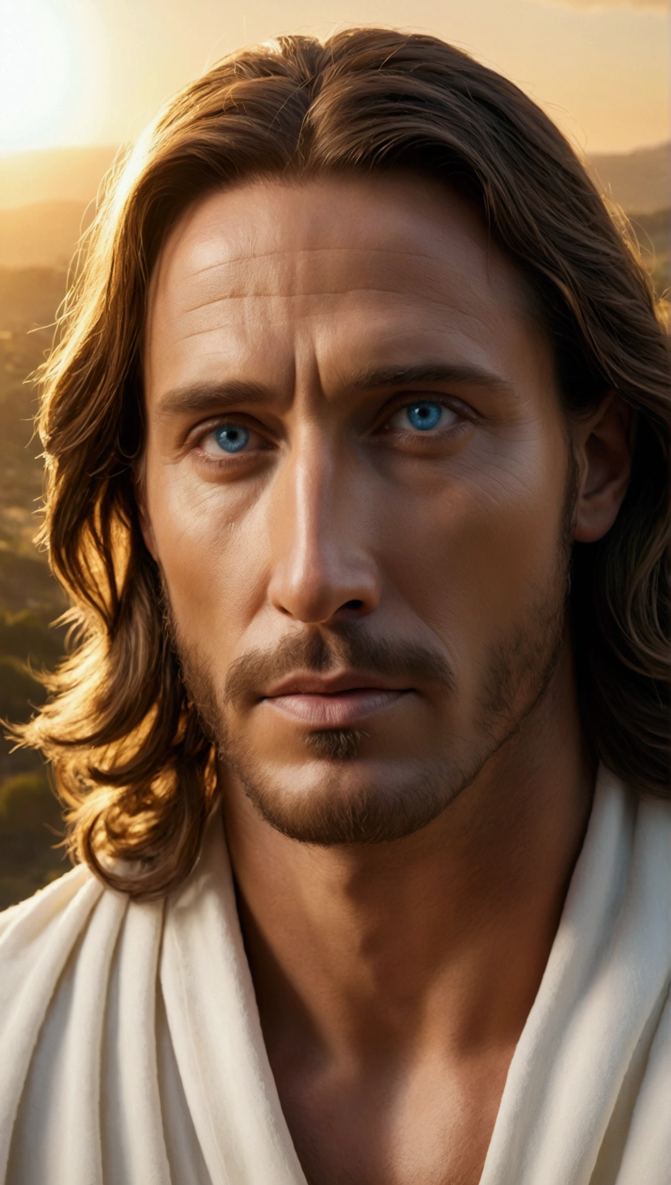 A captivating cinematic-style photograph of 
Sebastián Rulli as Jesus Christ with captivating authenticity. Dressed in a flowing white robe, his piercing blue eyes radiate compassion and wisdom. The serene background features a scenic landscape, creating a peaceful and introspective atmosphere. The soft, golden light gently illuminates her face, accentuating the depth of her depiction. With a serene yet powerful presence, Robert Powell captures the essence of Jesus, capturing both his divinity and his humanity. This evocative image brings to life the timeless message of love, redemption and hope that Jesus represents, 8k HDR, realistic photography, looking into the camera, sharp, detailed, cinematic facial features, photorealism, beautiful portrait
.The image is bathed in a soft, golden light, creating a dramatic and moving atmosphere., photographic, panoramic view, cinematic, intricate details, perfect eyes, perfect skin, perfect face, 4k photorealistic, realistic image, dynamic lighting, hyper- Detailed, ultra-realistic and realistic textures, panoramic view.