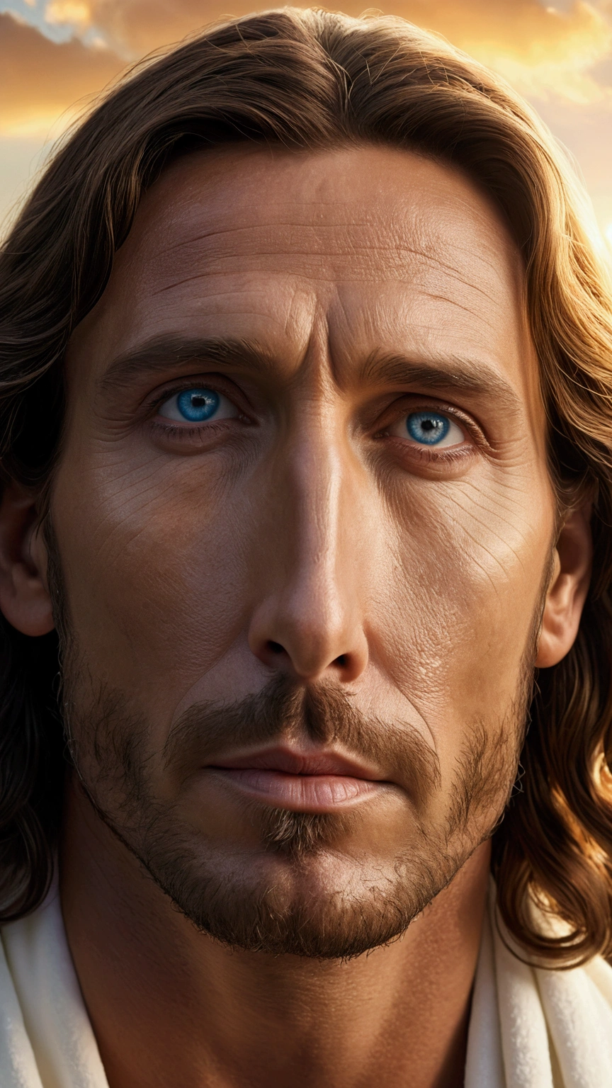 A captivating cinematic-style photograph of
Sebastián Rulli as Jesus Christ with captivating authenticity. Dressed in a flowing white robe, his piercing blue eyes radiate compassion and wisdom. The serene background features a scenic landscape, creating a peaceful and introspective atmosphere. The soft, golden light gently illuminates her face, accentuating the depth of her depiction. With a serene yet powerful presence, Robert Powell captures the essence of Jesus, capturing both his divinity and his humanity. This evocative image brings to life the timeless message of love, redemption and hope that Jesus represents, 8k HDR, realistic photography, looking into the camera, sharp, detailed, cinematic facial features, photorealism, beautiful portrait
.The image is bathed in a soft, golden light, creating a dramatic and moving atmosphere., photographic, panoramic view, cinematic, intricate details, perfect eyes, perfect skin, perfect face, 4k photorealistic, realistic image, dynamic lighting, hyper- Detailed, ultra-realistic and realistic textures, panoramic view.
