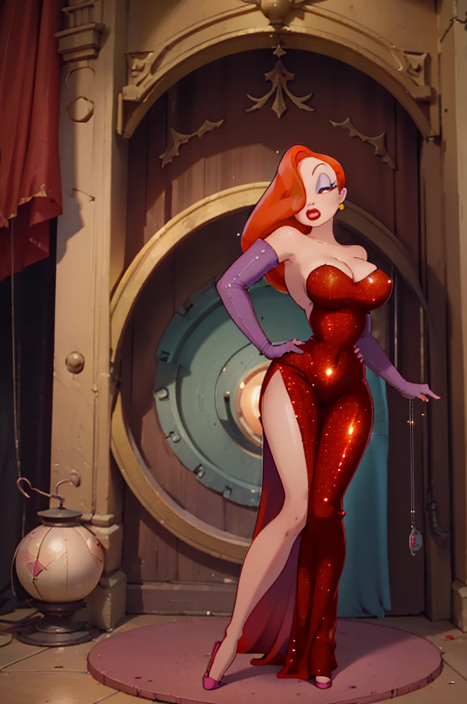 draft sketch, high quality,ultra quality 8k, ultra 4k,masterpiece, Orange hair, a tall woman, by the wide , One eye is hidden by hair, dark purple eyeshadow , Red lipstick, Detailed photos, beauty, attractive body, perfect anatomy of the human body, Jessica rabbit, correct anatomy Bodysuits, Bright red long dress, Dresses with slits up to the waist, Sparkly red sequin dress, Perfect facial balance, long eyelashes, sexy eyebrows, side glance, wide shoulders, Proudly stand up straight, big breasts hands on waist, Soft and sexy look