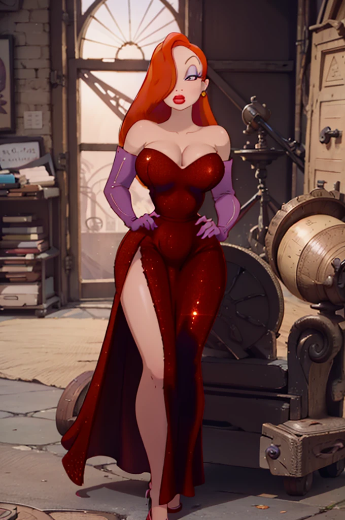 draft sketch, high quality,ultra quality 8k, ultra 4k,masterpiece, Orange hair, a tall woman, by the wide , One eye is hidden by hair, dark purple eyeshadow , Red lipstick, Detailed photos, beauty, attractive body, perfect anatomy of the human body, Jessica rabbit, correct anatomy Bodysuits, Bright red long dress, Dresses with slits up to the waist, Sparkly red sequin dress, Perfect facial balance, long eyelashes, sexy eyebrows, side glance, wide shoulders, Proudly stand up straight, big breasts hands on waist, Soft and sexy look