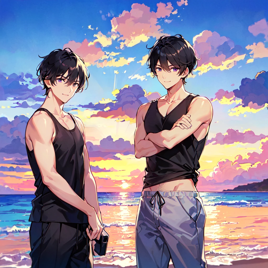 masterpiece,best quality,high quality,(1 male austere handsome solo adult age 30 years old:1.5), purple eyes, cool with suspended eyes, V-shaped eyebrows, body strong and fearless 8.5 head tall, height 185cm, (well-groomed black short hair down to neck:1.4), (bangs 7 thirds parted:1.4), slender nose, facial muscles, throat, (tank top and pants in summer fashion:1.3), (stylish pose), (cool smile:1.3), (background ocean:1.3), (sunset:1.3)