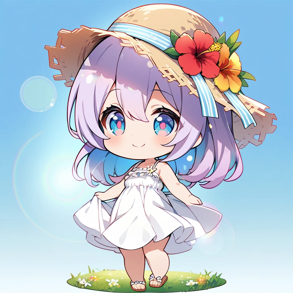 masterpiece, best quality, 4k、2D illustration, one beautiful girl, solo、(((chibi style)))、((vivid colors))、cute chibi, lovely chibi、((colorful))、((long beautiful hair)), glossy light purple hair, hair between eyes, cute, beautifully detailed eyes、((white summer dress))、((straw hat))、hibiscus hair ornament, flip-flops, ((happy smile))、((full body shot))、((summer grasslands))、((gentle breeze))、((blue sky))、sunbeam, white light, ((lens flare)), ((high color saturation)), 