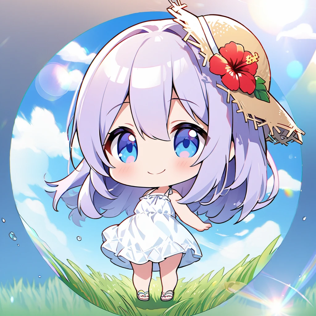 masterpiece, best quality, 4k、2D illustration, one beautiful girl, solo、(((chibi style)))、((vivid colors))、cute chibi, lovely chibi、((colorful))、((long beautiful hair)), glossy light purple hair, hair between eyes, cute, beautifully detailed eyes、((white summer dress))、((straw hat))、hibiscus hair ornament, flip-flops, ((happy smile))、((full body shot))、((summer grasslands))、((gentle breeze))、((blue sky))、sunbeam, white light, ((lens flare)), ((high color saturation)),