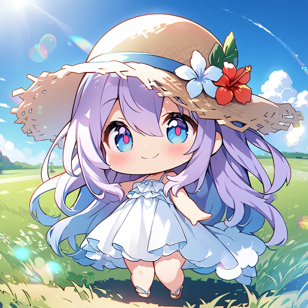 masterpiece, best quality, 4k、2D illustration, one beautiful girl, solo、(((chibi style)))、((vivid colors))、cute chibi, lovely chibi、((colorful))、((long beautiful hair)), glossy light purple hair, hair between eyes, cute, beautifully detailed eyes、((white summer dress))、((straw hat))、hibiscus hair ornament, flip-flops, ((happy smile))、((full body shot))、((summer grasslands))、((gentle breeze))、((blue sky))、sunbeam, white light, ((lens flare)), ((high color saturation)),