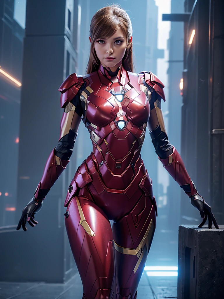 ((masterpiece, 8K, 3D, Realistic, Super Detail)), (1girl:1.3), slender 16 age, Ultra Micro photography, Melissa Benoist Super realistic, Perfect face, 16K resolution, 4k resolution, The photo was taken from the Front, facing to the photographer, Foreground photo, dynamic lighting, posing on a pedestal, high-definition resolution, Beautiful features, ((Perfect female Model Slim body)) Beautiful features, Standing pose, ((small hip)), (((2 piece Hotpants-Bikini))), Sci-fi futuristic, ((Iron man armor)) ((bionic Fragmented Super Girl chest armor suit)), ((Exposed slim thighs)), wear mesh metal-stockings, ((slim thighs)), ((bionic Slim thighs Spider man armor)), Front Full body Shot, full body portrait, perfect legs, Iron Man shoes, futuristic city background
