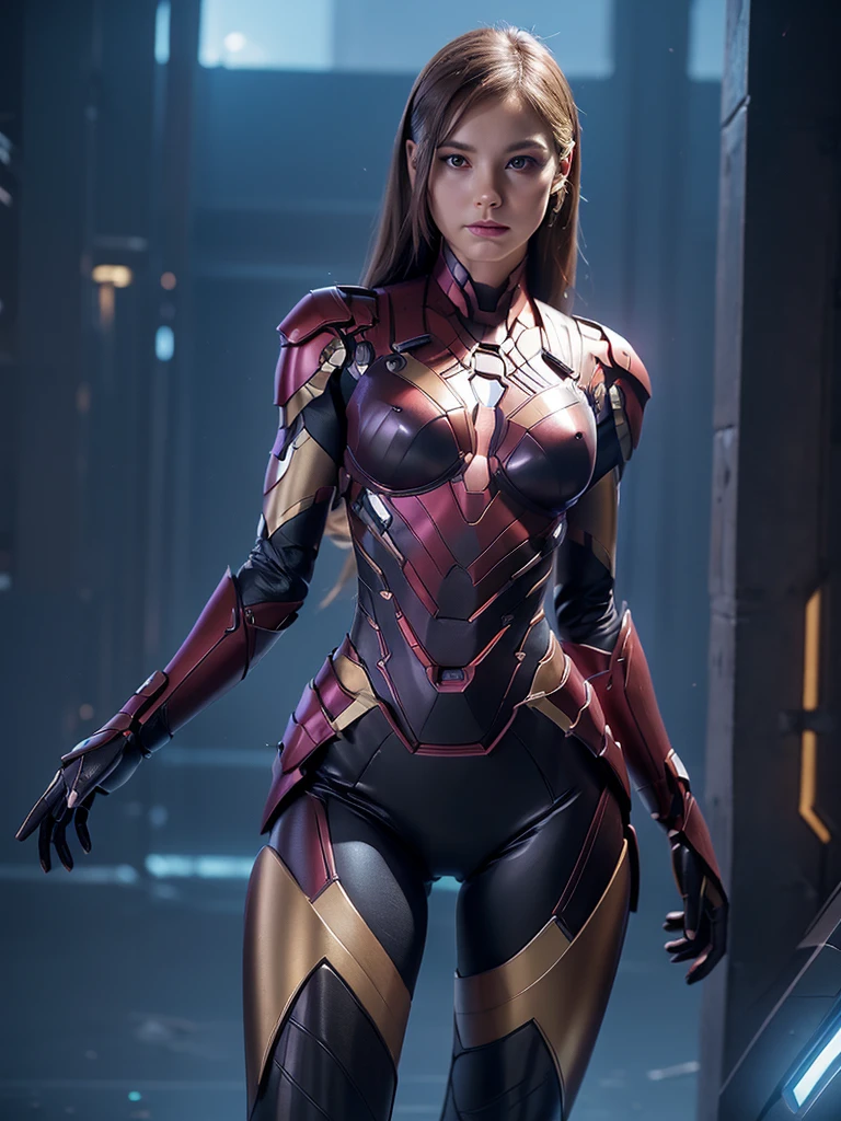((masterpiece, 8K, 3D, Realistic, Super Detail)), (1girl:1.3), slender age, Ultra Micro photography, Melissa Benoist Super realistic, Perfect face, 16K resolution, 4k resolution, The photo was taken from the Front, facing to the photographer, Foreground photo, dynamic lighting, posing on a pedestal, high-definition resolution, Beautiful features, ((Perfect female Model Slim body)) Beautiful features, Standing pose, ((small hip)), (((2 piece Hotpants-Bikini))), Sci-fi futuristic, ((Iron man armor)) ((bionic Fragmented Super Girl chest armor suit)), ((Exposed slim thighs)), wear mesh metal-stockings, ((slim thighs)), ((bionic Slim thighs Spider man armor)), Front Full body Shot, full body portrait, perfect legs, Iron Man shoes, futuristic city background