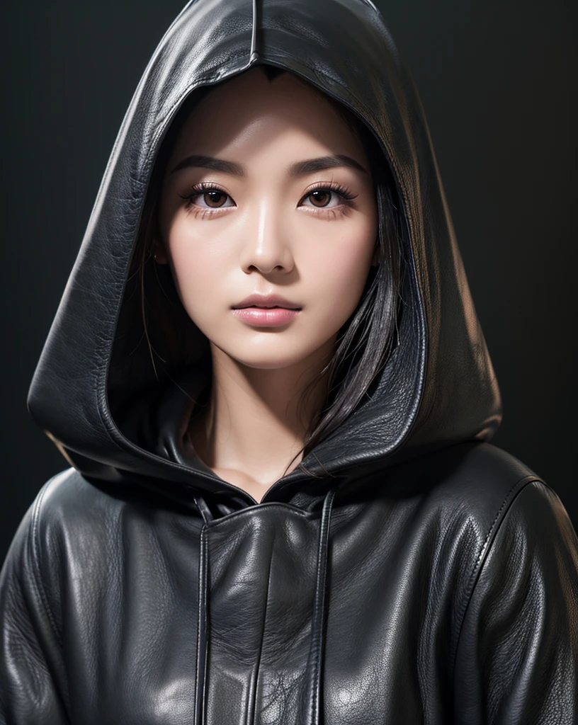 (Highest quality, 32K, High resolution, Masterpiece:1.5, ), marimo_jet, Beautiful Japanese Girls, An exceptionally beautiful face, Small Face Beauty, Perfect Human Anatomy, Magical big eyes, Motherhood and generosity, Deep Love, Fleeting Expression, ((Shiny black hair:1.3)), Asymmetrical bangs, Hair between the eyes, Transparent, soft white skin, Sharp eyebrows, Thin lashes, Natural Makeup, Cheek highlighter, Pale pink detailed lips, (black hooded leather coat:1.4), ((Dark Room:1.2)), ((Black wall background:1.3)), Professional photographer, Professional Lighting, Professional models, mysterious