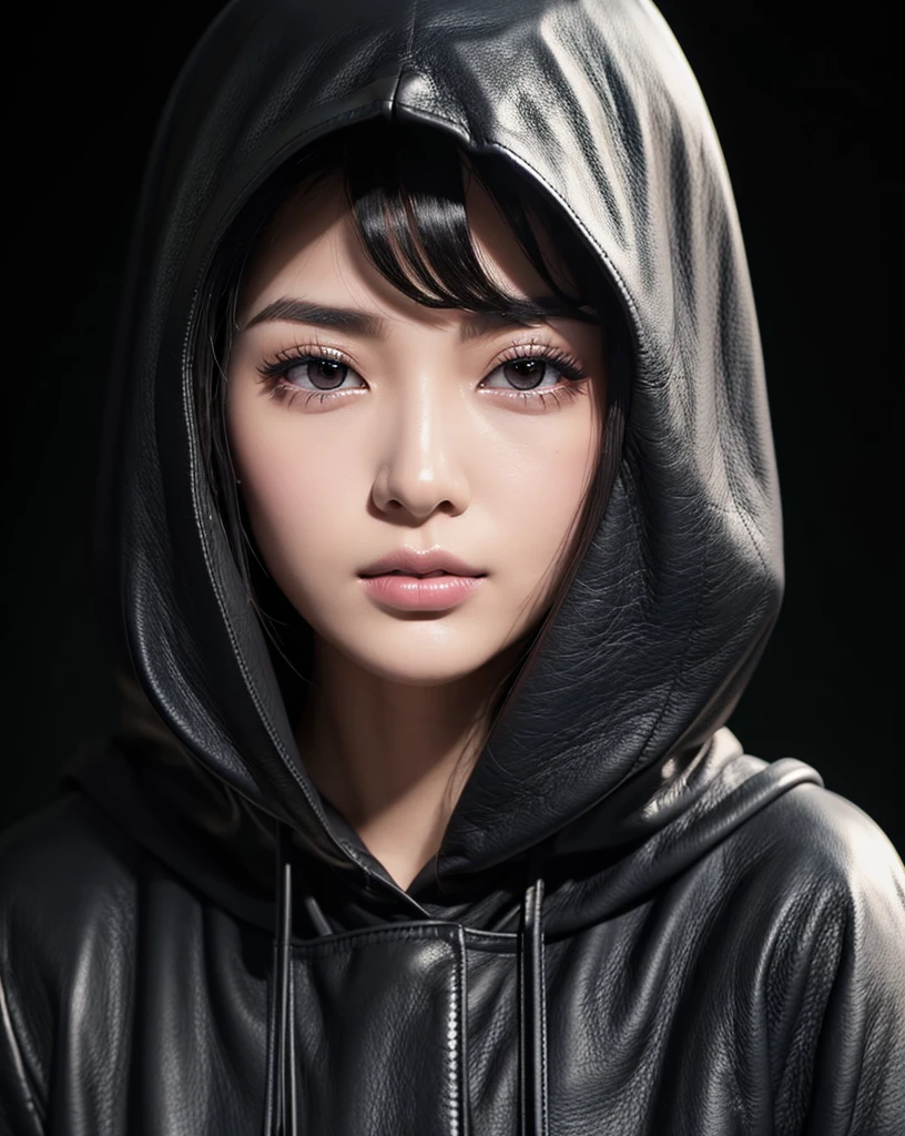 (Highest quality, 32K, High resolution, Masterpiece:1.5, ), marimo_jet, Beautiful Japanese Girls, An exceptionally beautiful face, Small Face Beauty, Perfect Human Anatomy, Magical big eyes, Motherhood and generosity, Deep Love, Fleeting Expression, ((Shiny black hair:1.3)), Asymmetrical bangs, Hair between the eyes, Transparent, soft white skin, Sharp eyebrows, Thin lashes, Natural Makeup, Cheek highlighter, Pale pink detailed lips, (black hooded leather coat:1.4), ((Dark Room:1.2)), ((Black wall background:1.3)), Professional photographer, Professional Lighting, Professional models, mysterious