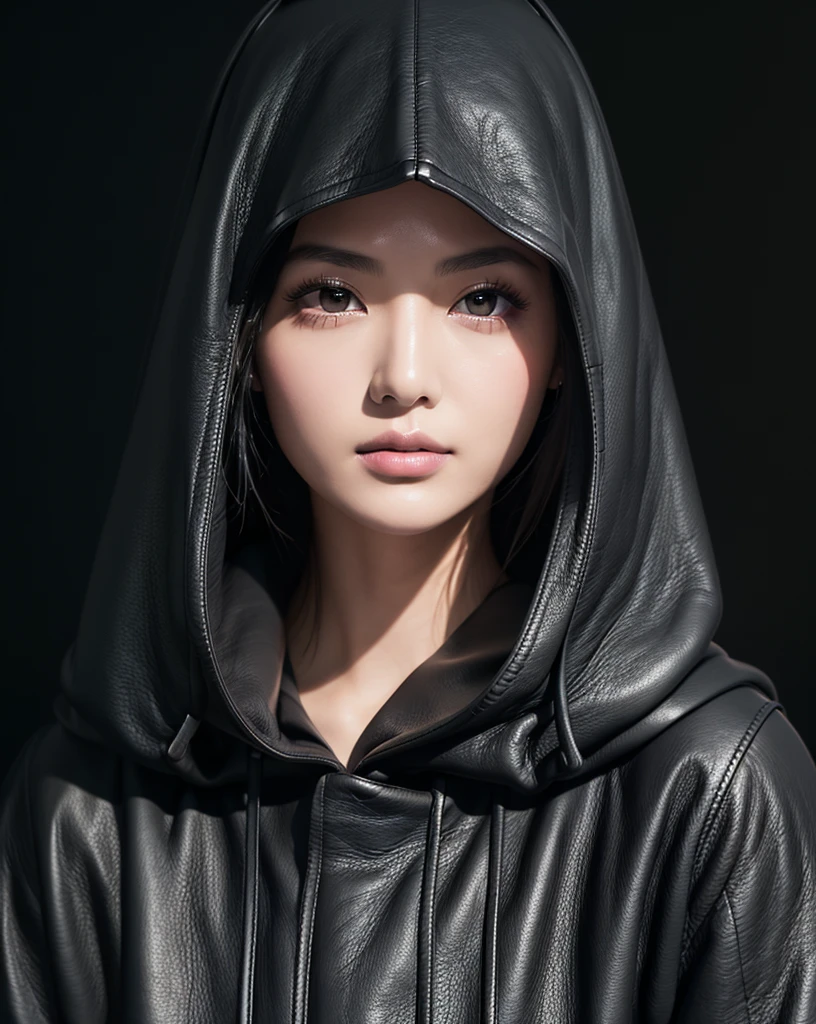 (Highest quality, 32K, High resolution, Masterpiece:1.5, ), marimo_jet, Beautiful Japanese Girls, An exceptionally beautiful face, Small Face Beauty, Perfect Human Anatomy, Magical big eyes, Motherhood and generosity, Deep Love, Fleeting Expression, ((Shiny black hair:1.3)), Asymmetrical bangs, Hair between the eyes, Transparent, soft white skin, Sharp eyebrows, Thin lashes, Natural Makeup, Cheek highlighter, Pale pink detailed lips, (black hooded leather coat:1.4), ((Dark Room:1.2)), ((Black wall background:1.3)), Professional photographer, Professional Lighting, Professional models, mysterious