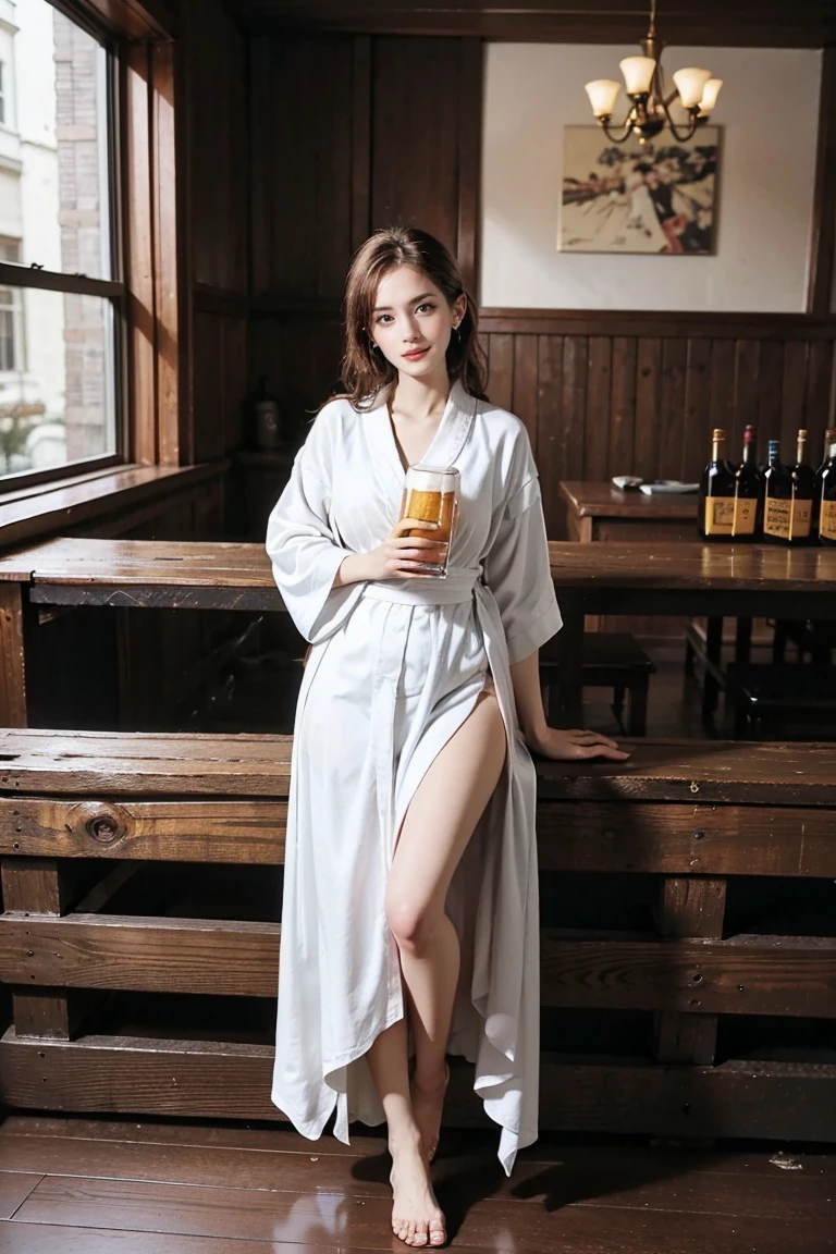 (Preserve face images), Cowboy Shot、Golden Ratio、(((drinking a glass of beer)))、Beer bottles on the table、Pale face:1.3、Super thin face:1.3, (very big eyes:1.5)、 (blown eyes:1.5), master piece、8k, {highest quality}, {{masterpiece}}, {very delicate and beautiful}, outstanding light and shadow, highly detailed wallpaper, clear, (((Full body))), 1 girl, blush、(薄い茶Farbeの髪), Wet hair after a shower、((It's night outside)), Farbe々A pose:1.5, necklace、ring、earrings、BREAK (( (Stylish home living room), Wearing an oversized white bathrobe ):1.3) ,(Toothless smile:1,5), 窓のIt's night outsideの背景
