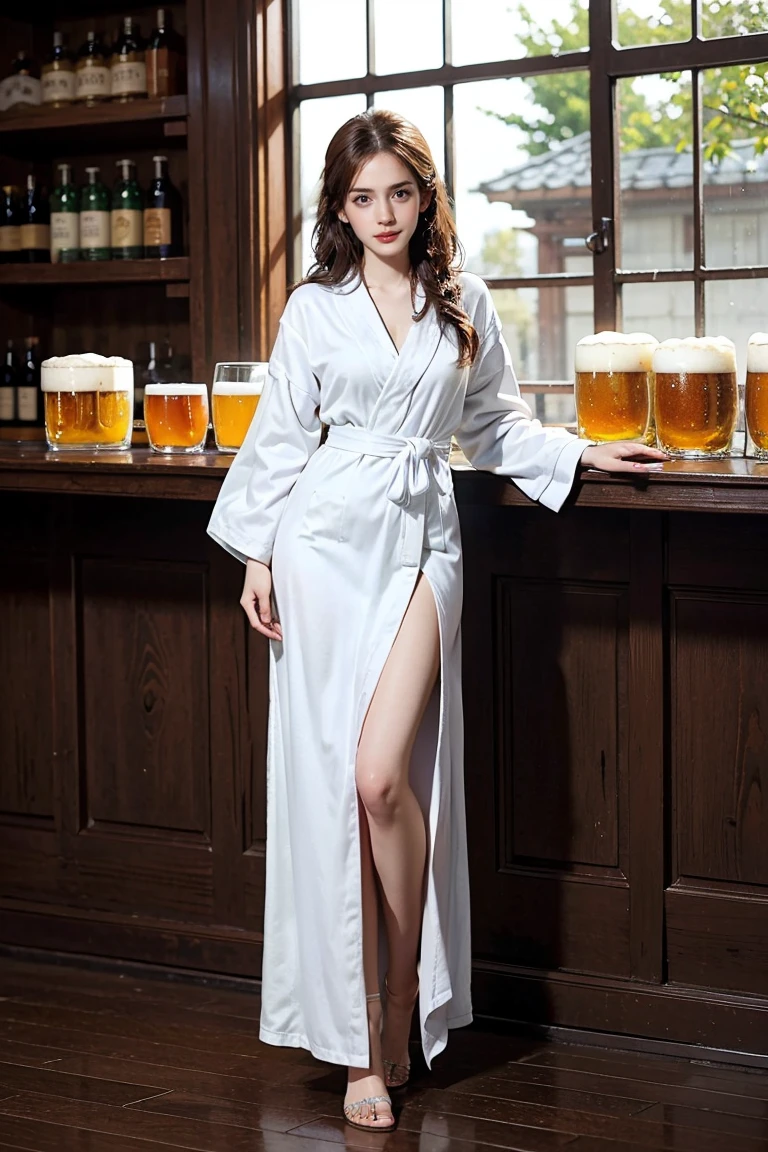 (Preserve face images), Cowboy Shot、Golden Ratio、(((drinking a glass of beer)))、Beer bottles on the table、Pale face:1.3、Super thin face:1.3, (very big eyes:1.5)、 (blown eyes:1.5), master piece、8k, {highest quality}, {{masterpiece}}, {very delicate and beautiful}, outstanding light and shadow, highly detailed wallpaper, clear, (((Full body))), 1 girl, blush、(薄い茶Farbeの髪), Wet hair after a shower、((It&#39;s night outside)), Farbe々A pose:1.5, necklace、ring、earrings、BREAK (( (Stylish home living room), Wearing an oversized white bathrobe ):1.3) ,(Toothless smile:1,5), 窓のIt&#39;s night outsideの背景