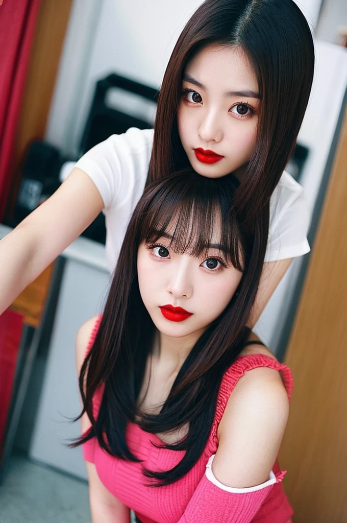 A 21-year-old Japanese woman wearing a BLACKPINK outfit、Beautiful Eyes、 ((Highest quality)), Idol Sculpture、 Clear contours, Woman with beautiful face, (((One Girl,alone))), ((Beautiful brown eyes)), Sex Appeal,Focus on the eyes、Bob Hair、Anatomically correct body,Tight waist、A woman dressed in Black Pink, Sexy Girls, Accurate simulation of lightweight material interactions、Looking down from above、,From below、Dark Red Filter、lipstick