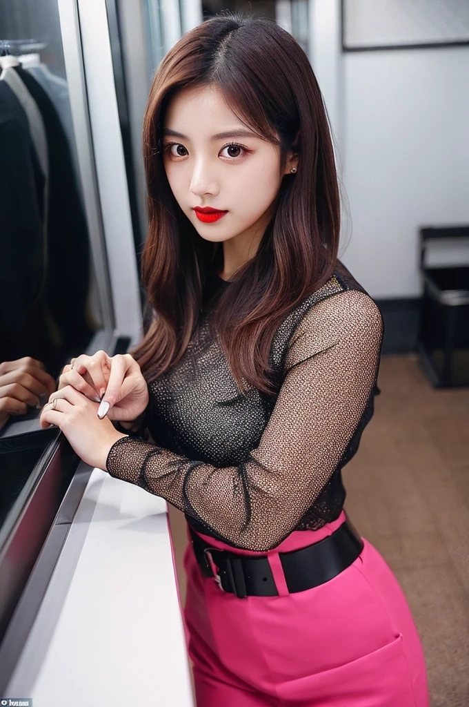 A 21-year-old Japanese woman wearing a BLACKPINK outfit、Beautiful Eyes、 ((Highest quality)), Idol Sculpture、 Clear contours, Woman with beautiful face, (((One Girl,alone))), ((Beautiful brown eyes)), Sex Appeal,Focus on the eyes、Bob Hair、Anatomically correct body,Tight waist、A woman dressed in Black Pink, Sexy Girls, Accurate simulation of lightweight material interactions、Looking down from above、,From below、Dark Red Filter、lipstick