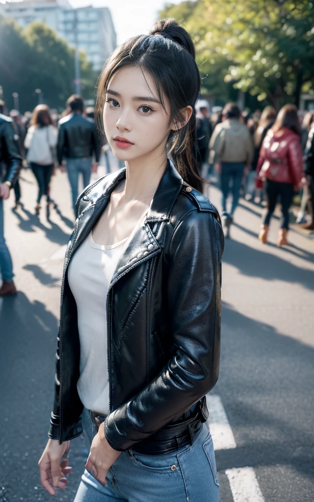 ((((8K))),((Extremely detailed CG)) ,(wallpaper),16K,((Extremely exquisite and beautiful)),(((masterpiece))),(((Best quality))),(((超high resolution))),Beautiful light,Perfect Lightning,Realistic shadows,((high resolution)),(Smooth and flawless fair skin:1.5),(Pale skin:1.3),(Extremely delicate facial details:1.2),(Perfect body:1.1),(Extremely detailed),((A beautiful girl,Solitary)),(Small head:1.2),(Short Ponytail:1.2),(Small face:1.2),(baby face:1.3),(Exquisite makeup:1.2),(Small Breasts:1.2),(flat chest:1.2),((Slim,Thin)),Happy,(lol:1.2),(Black leather jacket:1.5),((clavicle, cleveage, Umbilical cord)),(Light blue jeans:1.3),(Black combat boots:1.3),(Day scene:1.5),(Afternoon Sunshine:1.3),(outdoor:1.2),(At the school gate:1.3),(city View:1.3),(winter:1.2),(Detailed background:1.5),(permanent:1.3),(Upper Body:1.2),(From the front:1.3),(Surrounded by a crowd:1.5)