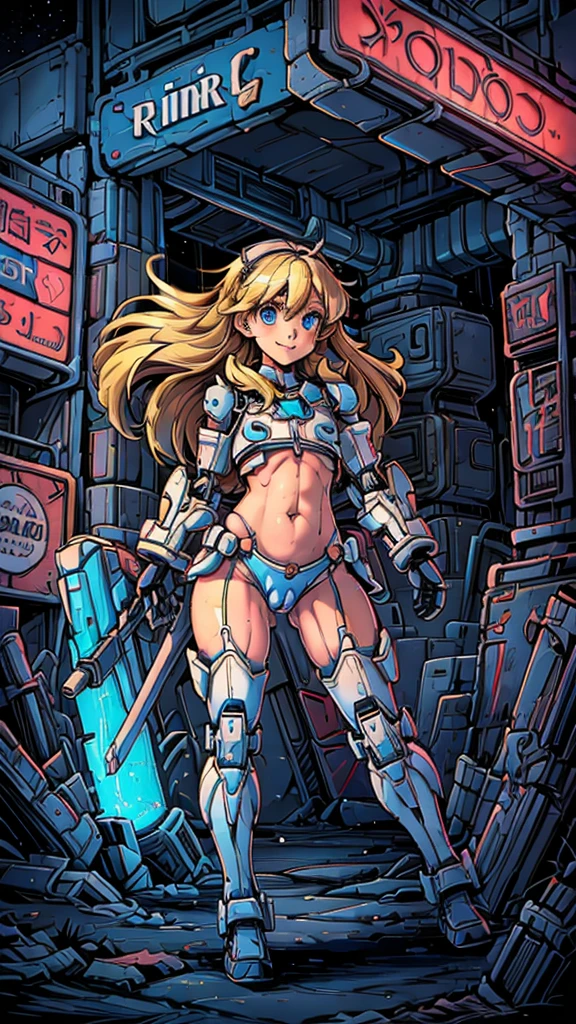 (8k),(masterpiece),(Japanese),(***************),((innocent look)),((Childish)),From the front,smile,cute,Innocent,Kind eyes,Flat chest,Hairless vagina, Cameltoe, AliceWaifu,Mecha,blue eyes,medium long,Hair blowing in the wind,blonde Hair,Strong wind,night,dark, Neon light cyberpunk Disneyland 