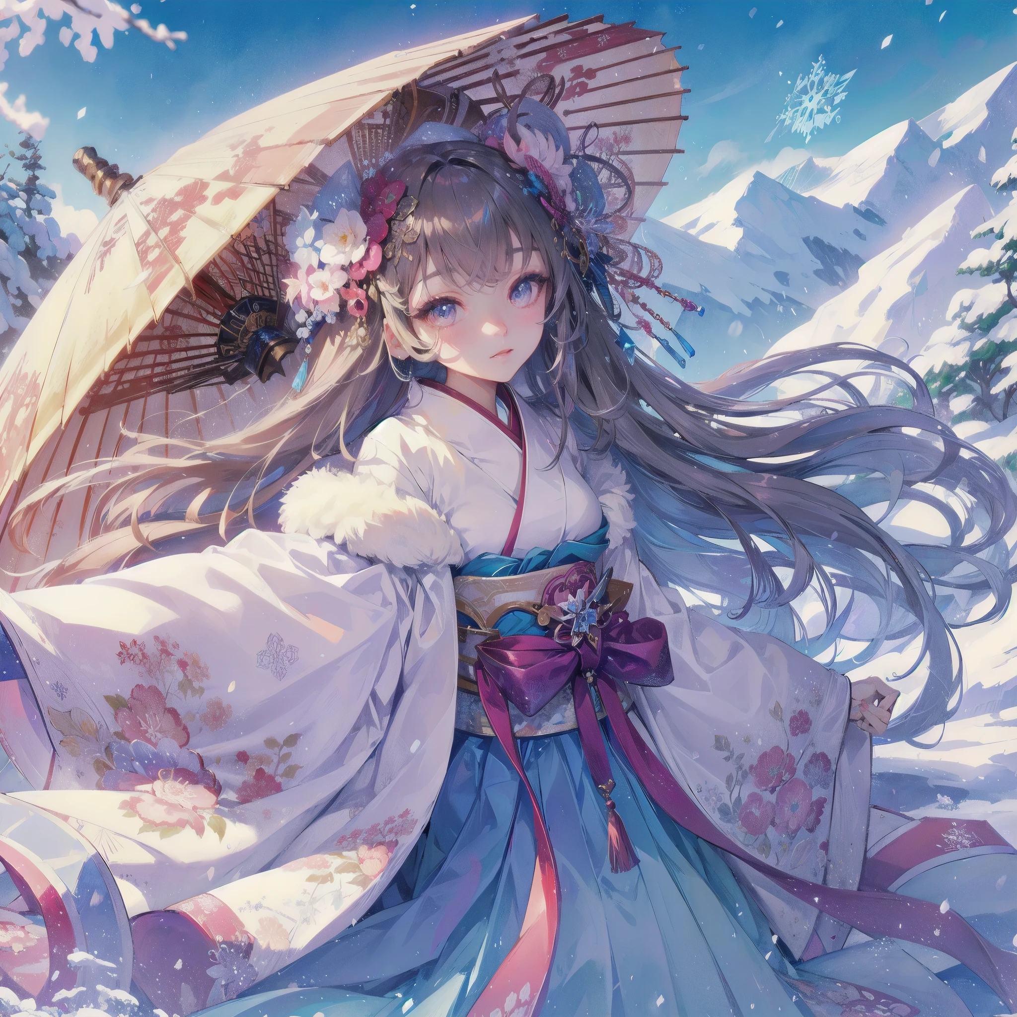  masterpiece, (textured skin), best quality, gorgeous beautiful, (a beautiful girl,yukionna,japanese snow fairy),detailed clothes,large breasts,narrow waist,, (beautiful face), cinematic lighting, (fantasy anime art ),