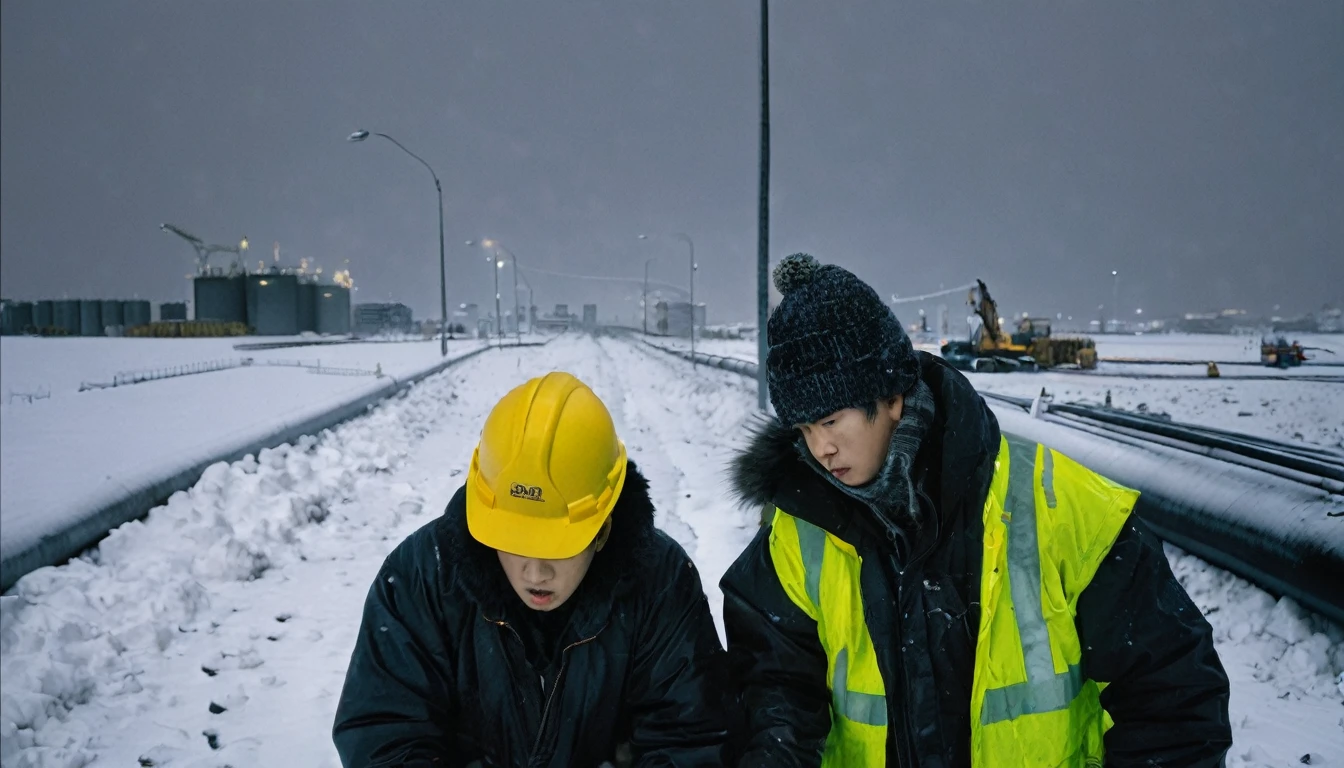 Two 20-year-old men working on a pipeline，Wearing black cotton jacket，（Yellow safety helmet:1.5)，Asian，Huge pipe，Use a large wrench，A huge valve that opens half the screen，A huge valve that takes up half of the screen，Painful expression，With cap，Night，Night view，cold，Snow Covered，snowstorm，Gloomy sky