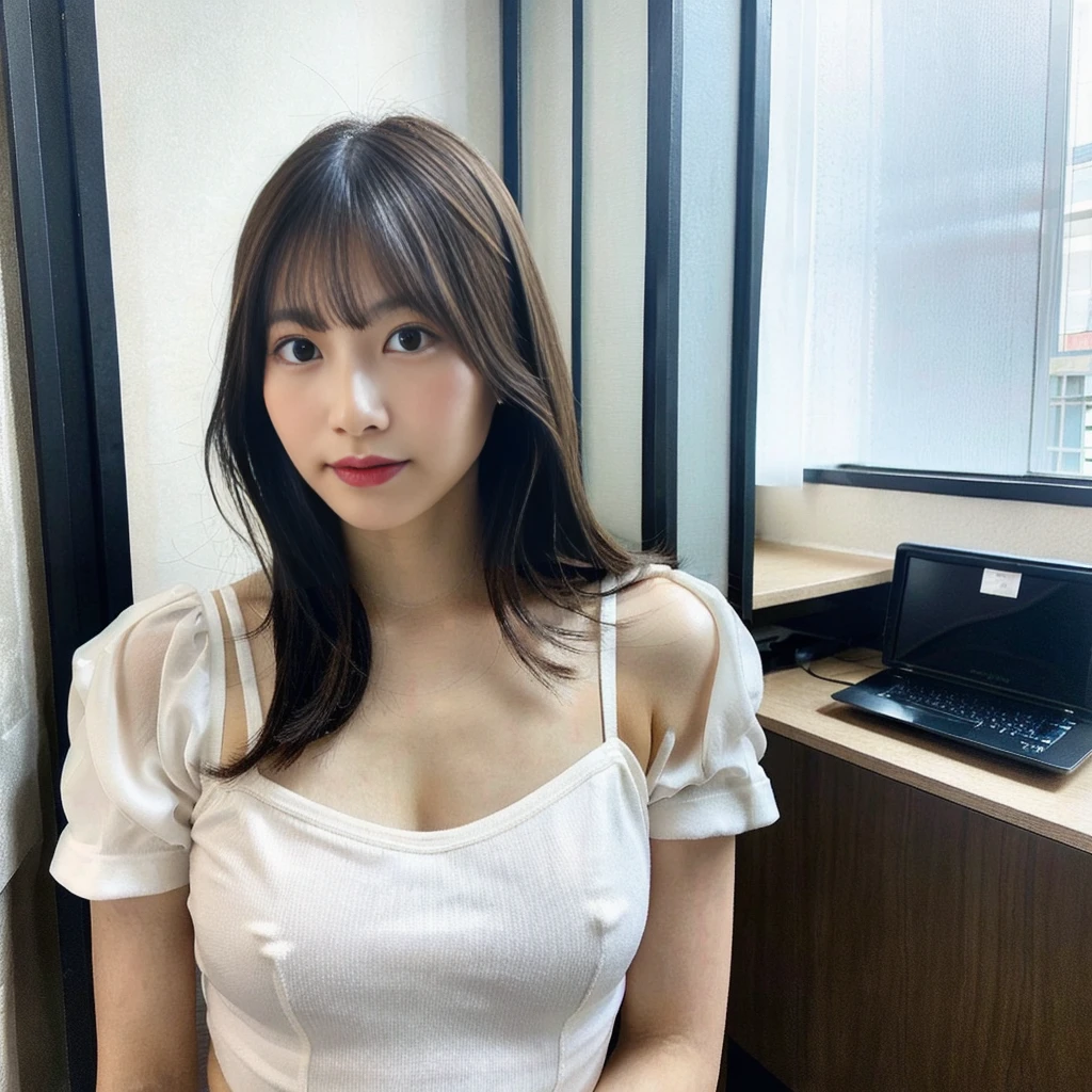 Beautiful Japanese Woman、In the office、White shirt、The bra is see-through