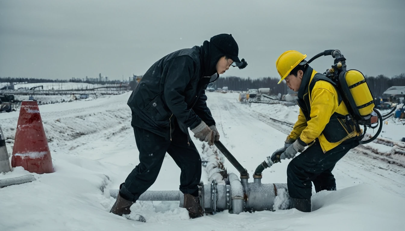 Two 20-year-old men working on a pipeline，Wearing black cotton jacket，（Yellow safety helmet:1.5)，Asian，Huge pipe，Use a large wrench，A huge valve that opens half the screen，A huge valve that takes up half of the screen，Painful expression，With cap，Night，Night view，cold，Snow Covered，snowstorm，Gloomy sky