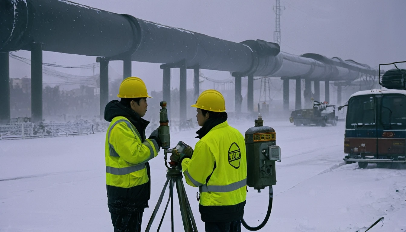 Two 20-year-old men working on a pipeline,Wearing black cotton jacket,(Yellow safety helmet:1.5),Asian,Huge pipe,Use a large wrench,A huge valve that opens half the screen,A huge valve that takes up half of the screen,Painful expression,With cap,Night,Night view,cold,Snow Covered,snowstorm,Gloomy sky
