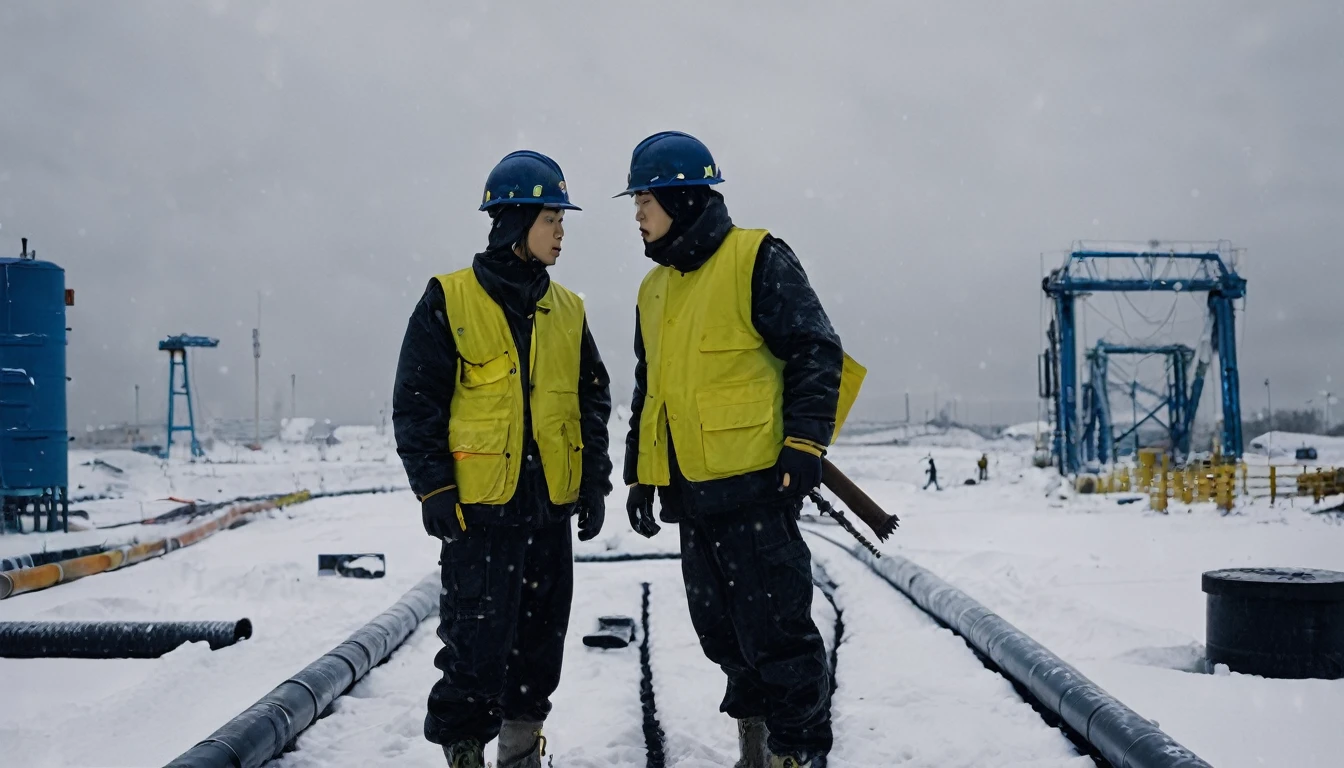 Two 20-year-old men working on a pipeline，Wearing black cotton jacket，（Yellow safety helmet:1.5)，Asian，Huge pipe，Use a large wrench，A huge valve that opens half the screen，A huge valve that takes up half of the screen，Painful expression，With cap，Night，Night view，cold，Snow Covered，snowstorm，Gloomy sky