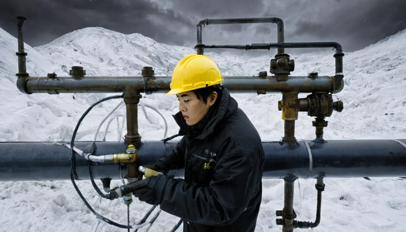 Two 20-year-old men working on a pipeline，Wearing black cotton jacket，（Yellow safety helmet:1.5)，Asian，Huge pipe，Use a large wrench，A huge valve that opens half the screen，A huge valve that takes up half of the screen，Painful expression，With cap，Night，Night view，cold，Snow Covered，snowstorm，Gloomy sky