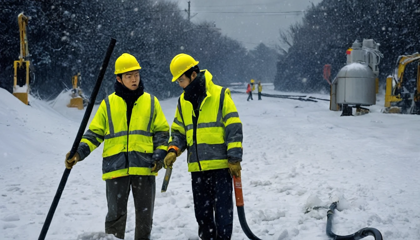 Two 20-year-old men working on a pipeline，Wearing black cotton jacket，（Yellow safety helmet:1.5)，Asian，Huge pipe，Use a large wrench，A huge valve that opens half the screen，A huge valve that takes up half of the screen，Painful expression，With cap，Night，Night view，cold，Snow Covered，snowstorm，Gloomy sky