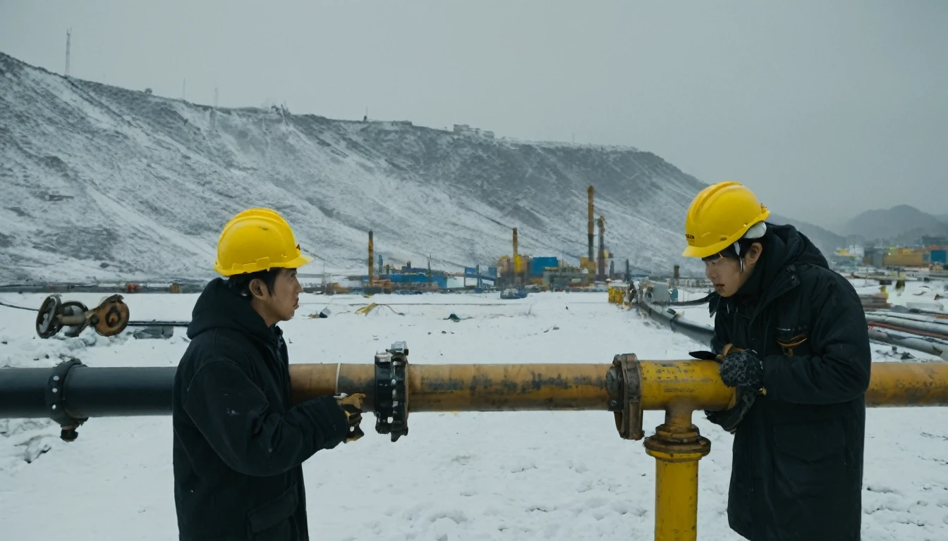 Two 20-year-old men working on a pipeline,Wearing black cotton jacket,(Yellow safety helmet:1.5),Asian,Huge pipe,Use a large wrench,A huge valve that opens half the screen,A huge valve that takes up half of the screen,Painful expression,With cap,Night,Night view,cold,Snow Covered,snowstorm,Gloomy sky