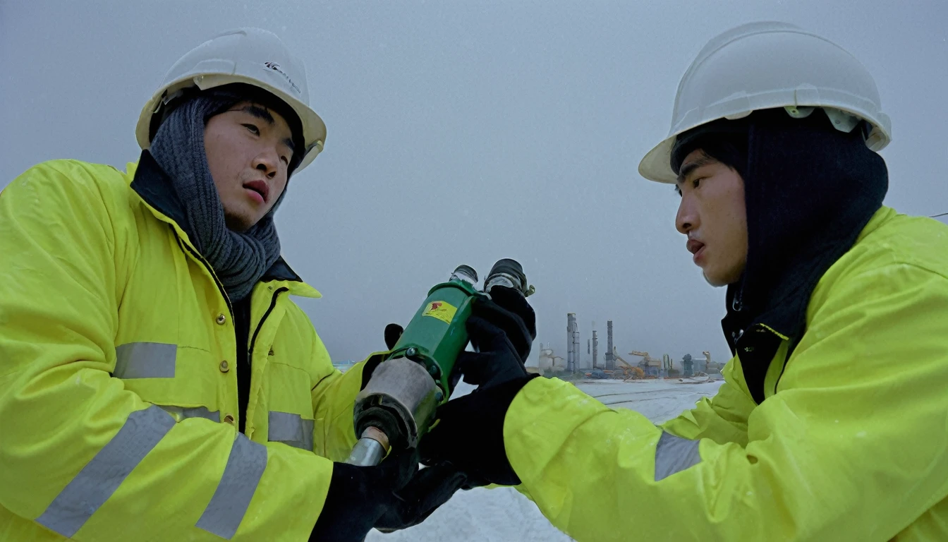 Two 20-year-old men working on a pipeline,Wearing black cotton jacket,(Yellow safety helmet:1.5),Asian,Huge pipe,Use a large wrench,A huge valve that opens half the screen,A huge valve that takes up half of the screen,Painful expression,With cap,Night,Night view,cold,Snow Covered,snowstorm,Gloomy sky