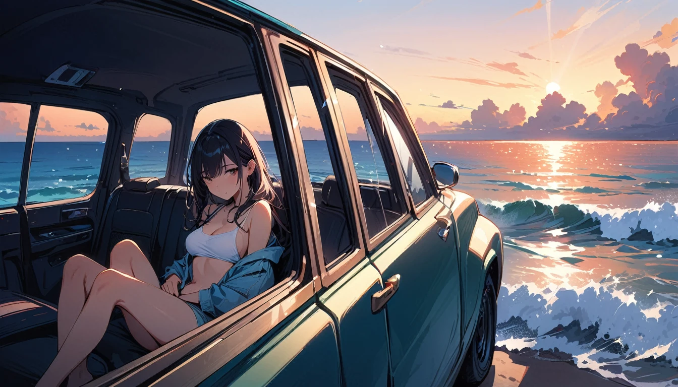 (masterpiece, Highest quality:1.2), 1 Girl, alone,Eyes open,Tropical atmosphere,Ocean,In a car