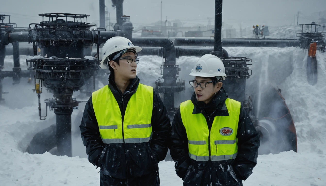 Two 20-year-old men working on a pipeline,Wearing black cotton jacket,(Yellow safety helmet:1.5),Asian,Huge pipe,Use a large wrench,A huge valve that opens half the screen,A huge valve that takes up half of the screen,Painful expression,With cap,Night,Night view,cold,Snow Covered,snowstorm,Gloomy sky