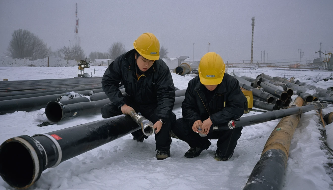 Two 20-year-old men working on a pipeline，Wearing black cotton jacket，（Yellow safety helmet:1.5)，Asian，Huge pipe，Use a large wrench，A huge valve that opens half the screen，A huge valve that takes up half of the screen，Painful expression，With cap，Night，Night view，cold，Snow Covered，snowstorm，Gloomy sky